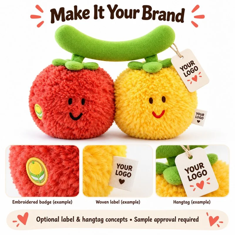 Customization concept for red yellow tomato pair plush; feasibility and sample approval required.