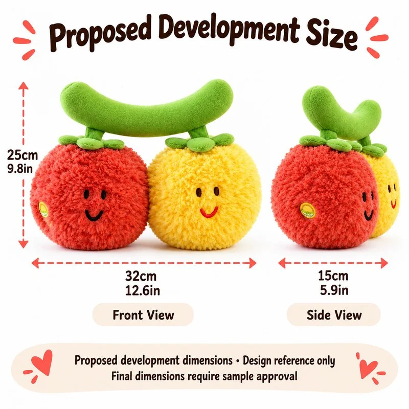 Red Yellow Tomato Pair Plush — proposed size reference; dimensions require sample confirmation.