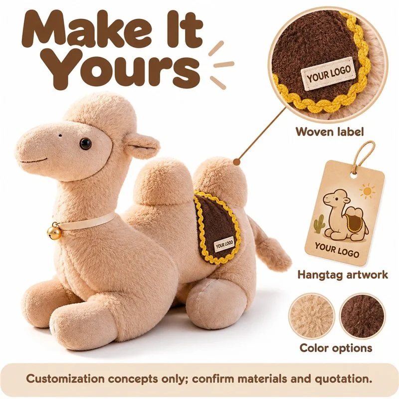 Customization concept for resting tan camel stuffed animal; feasibility and sample approval required.