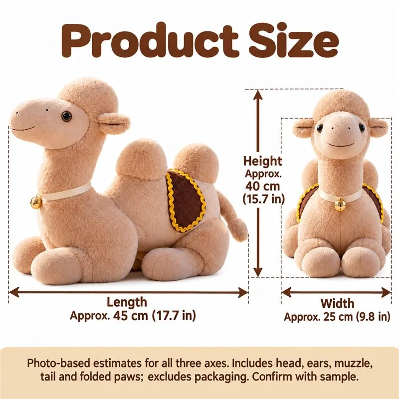 Resting Tan Camel Stuffed Animal — proposed size reference; dimensions require sample confirmation.