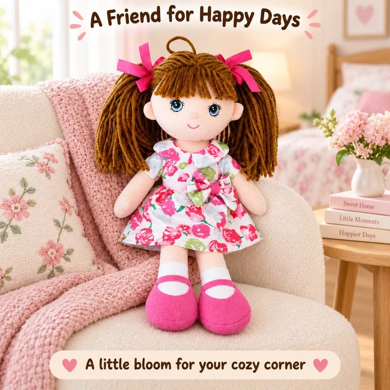 Illustrative application scene featuring rose dress pigtail cloth doll; setting is a concept.
