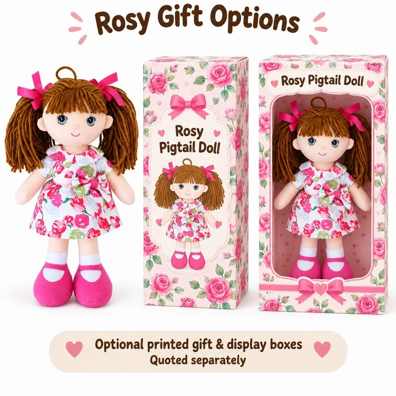 Rose Dress Pigtail Cloth Doll — optional packaging concept; final artwork, fit and quotation require confirmation.