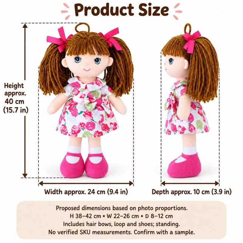 Rose Dress Pigtail Cloth Doll — proposed size reference; dimensions require sample confirmation.