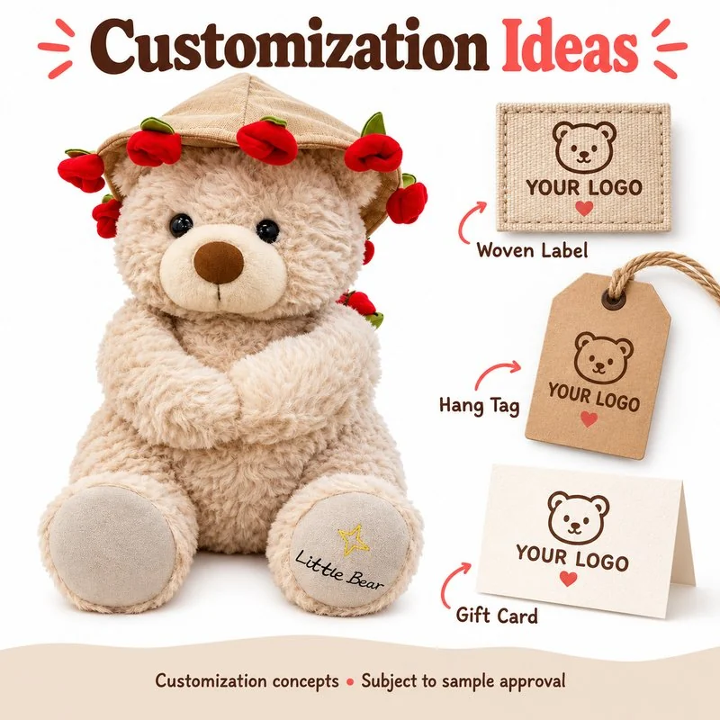 Customization concept for rose hat cream teddy bear plush; feasibility and sample approval required.