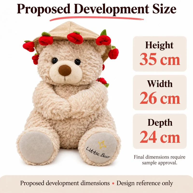 Rose Hat Cream Teddy Bear Plush — proposed size reference; dimensions require sample confirmation.