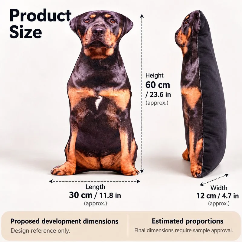 Rottweiler Printed Plush Pillow — proposed size reference; dimensions require sample confirmation.