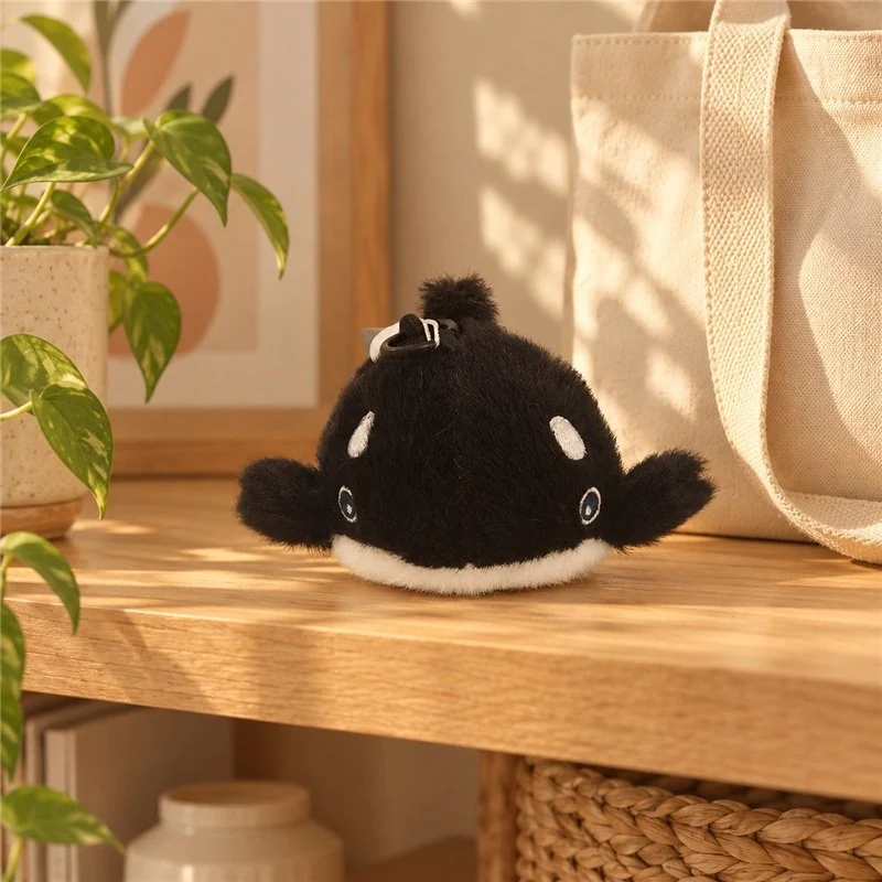 Illustrative application scene featuring round black orca plush keychain; setting is a concept.