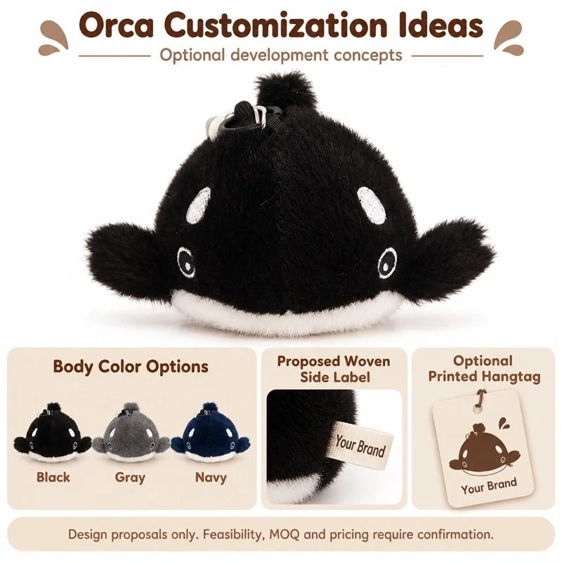 Customization concept for round black orca plush keychain; feasibility and sample approval required.