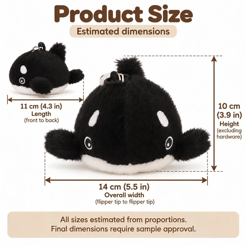Round Black Orca Plush Keychain — proposed size reference; dimensions require sample confirmation.