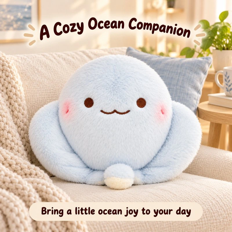 Illustrative application scene featuring round blue stingray plush; setting is a concept.