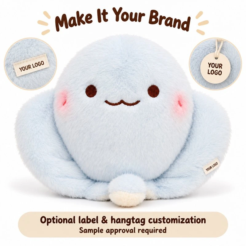 Customization concept for round blue stingray plush; feasibility and sample approval required.