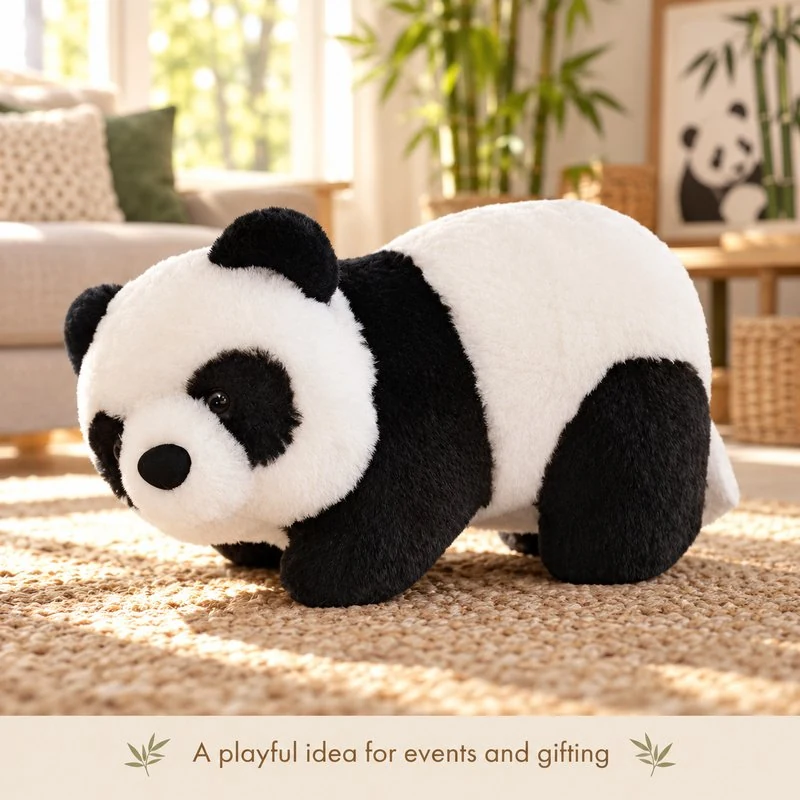Illustrative application scene featuring barrel body panda plush; setting is a concept.