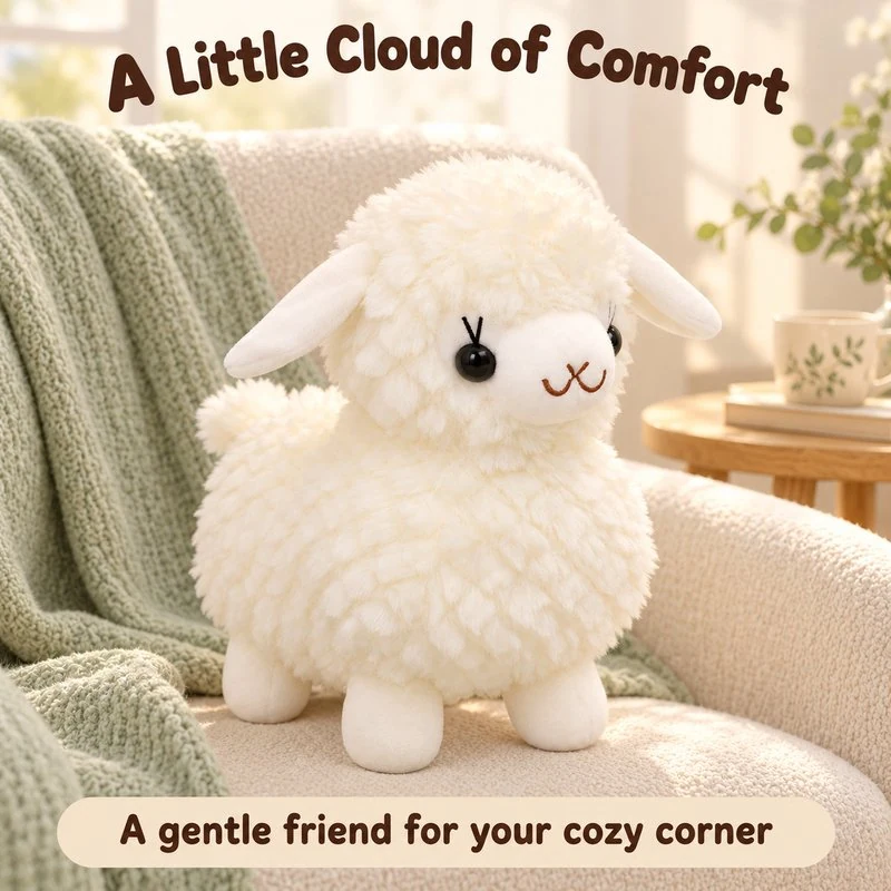 Illustrative application scene featuring round fluffy lamb plush; setting is a concept.