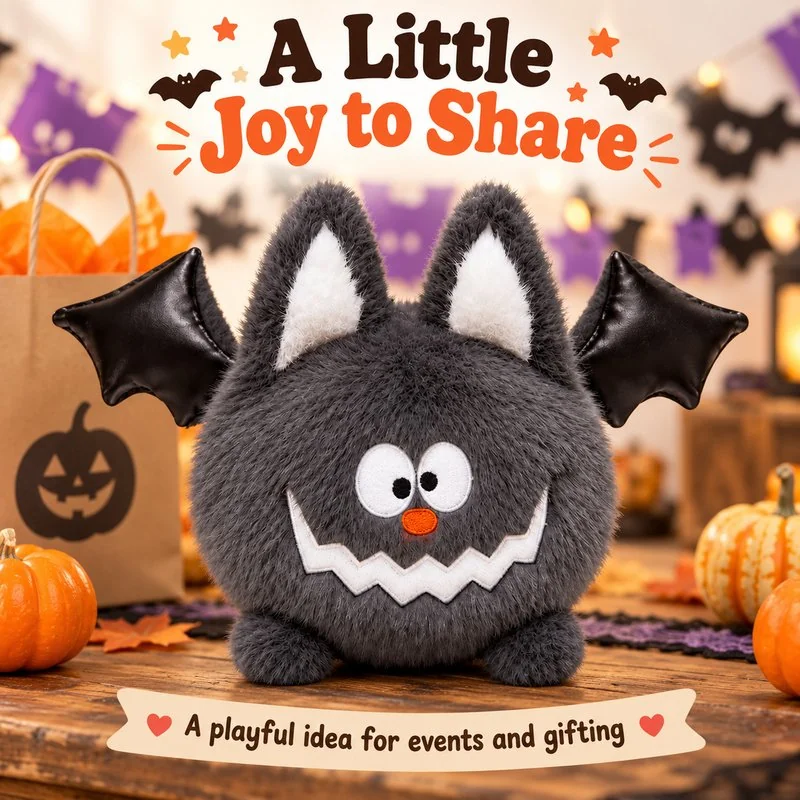 Illustrative application scene featuring round gray halloween bat plush; setting is a concept.
