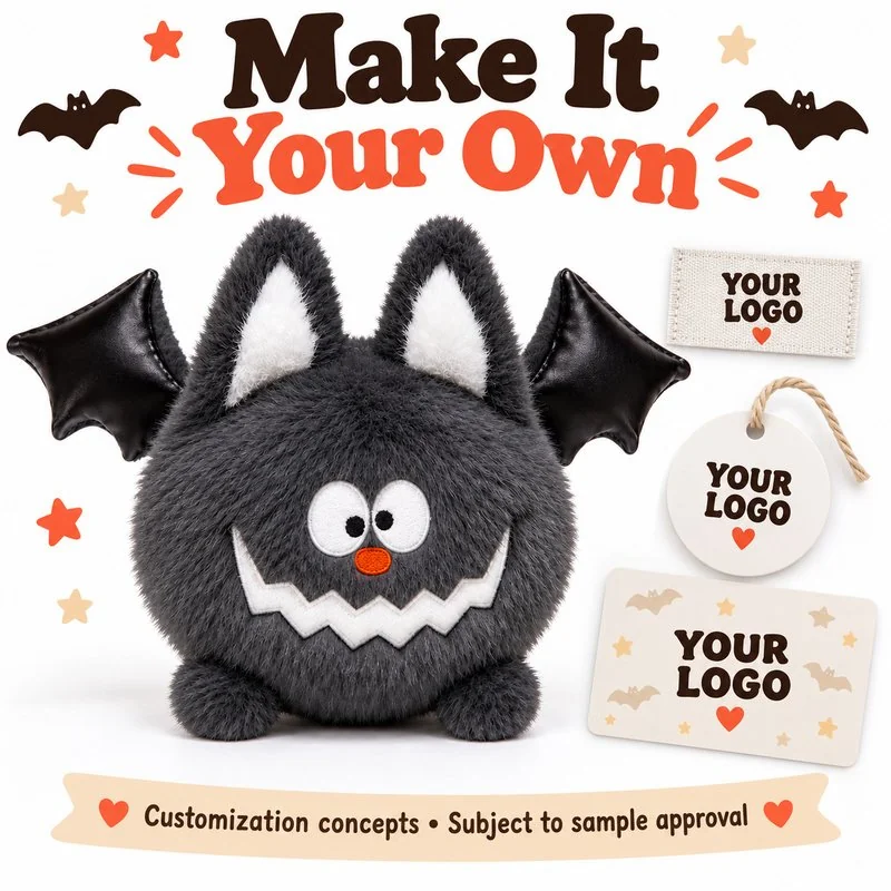 Customization concept for round gray halloween bat plush; feasibility and sample approval required.