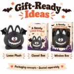Round Gray Halloween Bat Plush — optional packaging concept; final artwork, fit and quotation require confirmation.