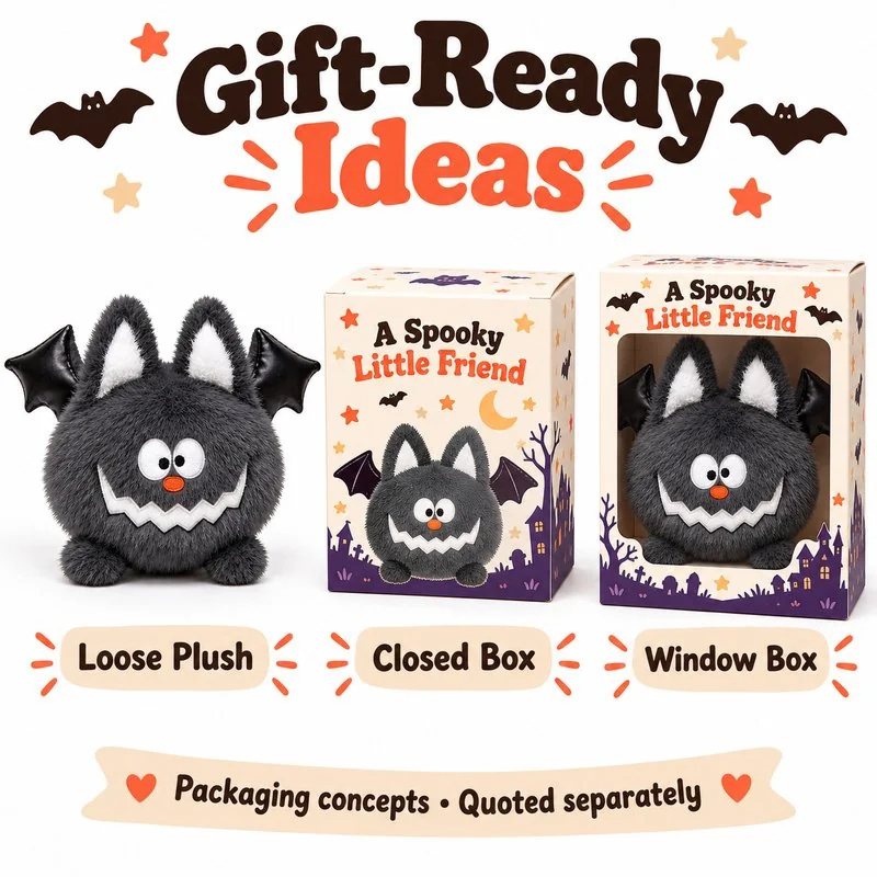 Round Gray Halloween Bat Plush — optional packaging concept; final artwork, fit and quotation require confirmation.
