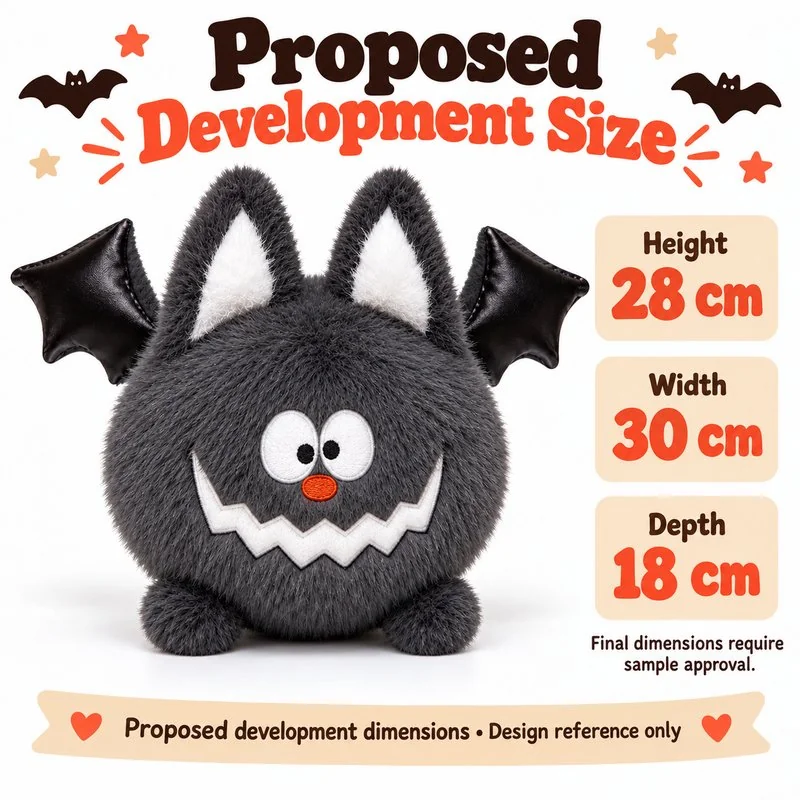 Round Gray Halloween Bat Plush — proposed size reference; dimensions require sample confirmation.