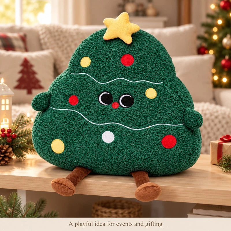 Illustrative application scene featuring round green christmas tree plush; setting is a concept.