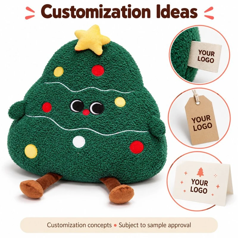 Customization concept for round green christmas tree plush; feasibility and sample approval required.
