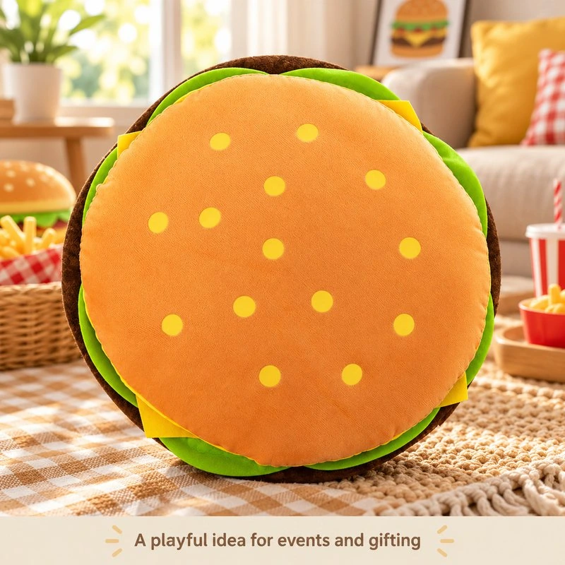 Illustrative application scene featuring round hamburger plush pillow; setting is a concept.
