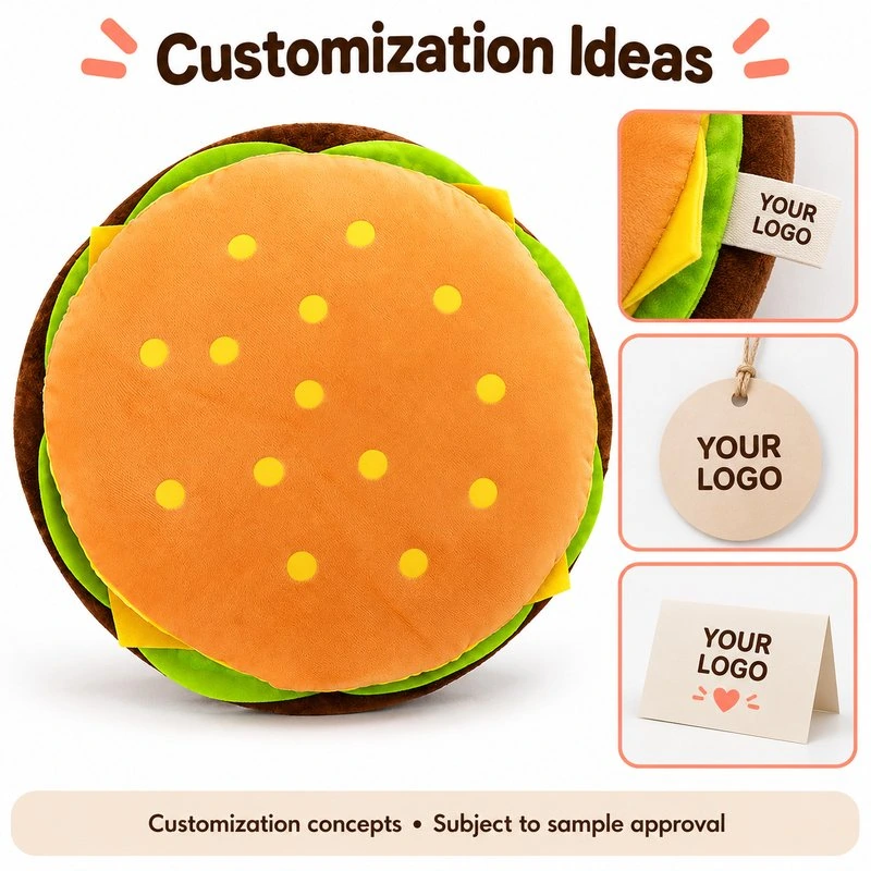 Customization concept for round hamburger plush pillow; feasibility and sample approval required.