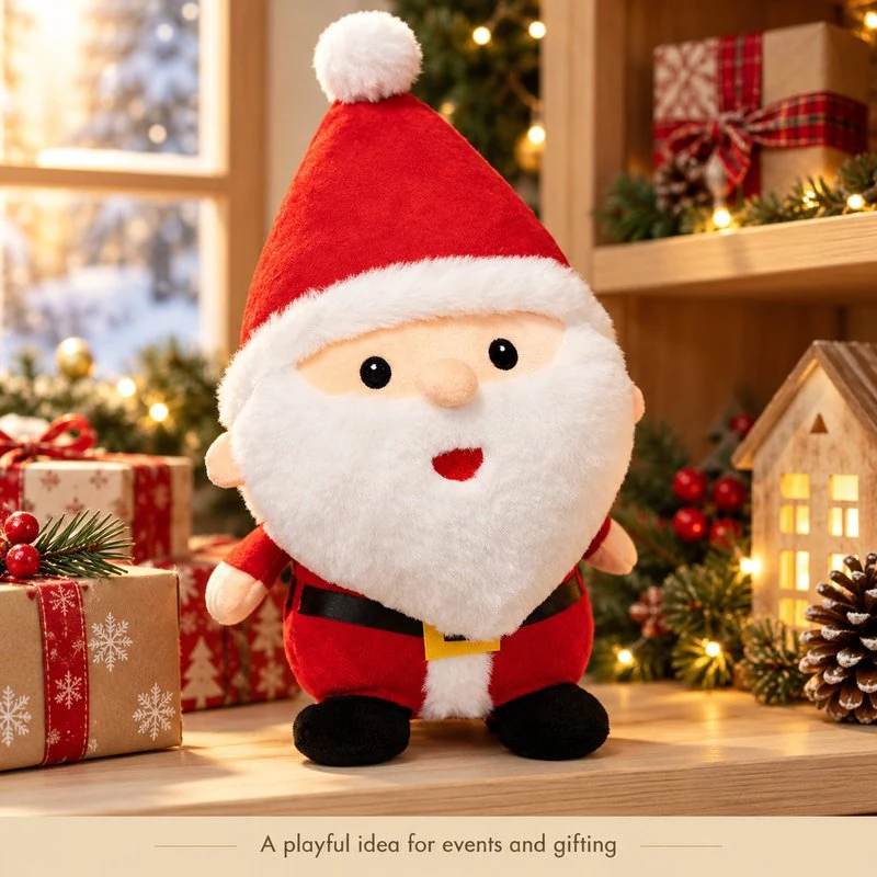Illustrative application scene featuring round head santa claus plush; setting is a concept.