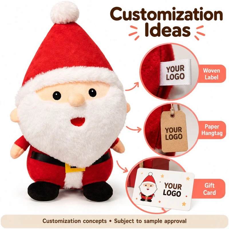 Customization concept for round head santa claus plush; feasibility and sample approval required.