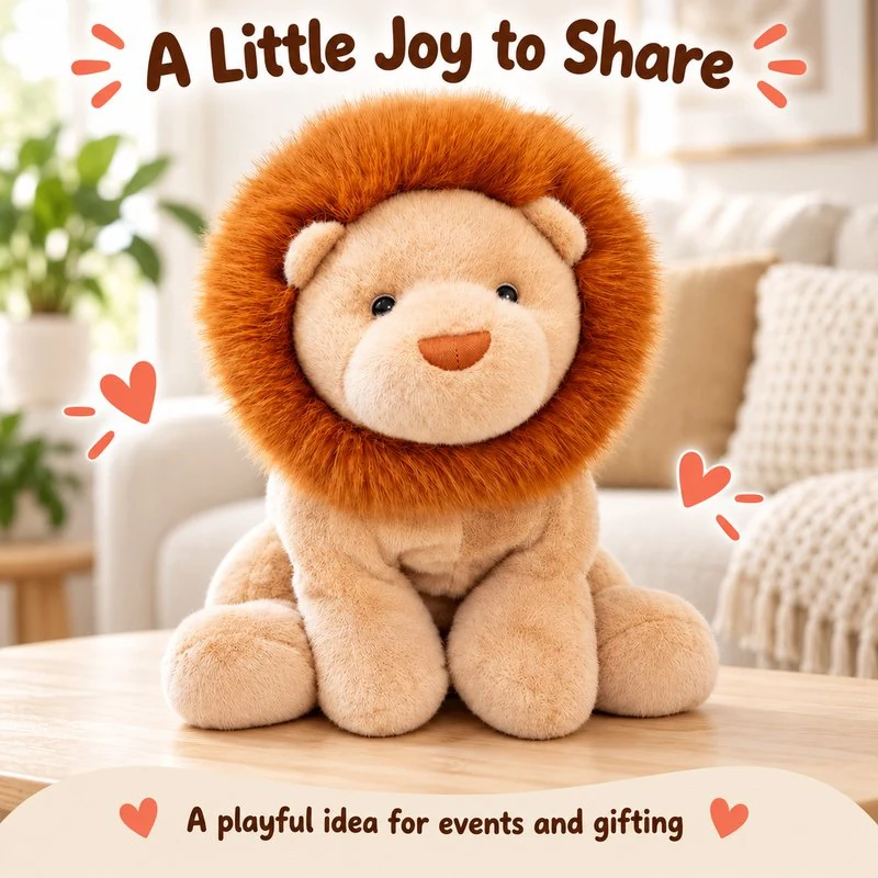 Illustrative application scene featuring round mane lion cub plush; setting is a concept.