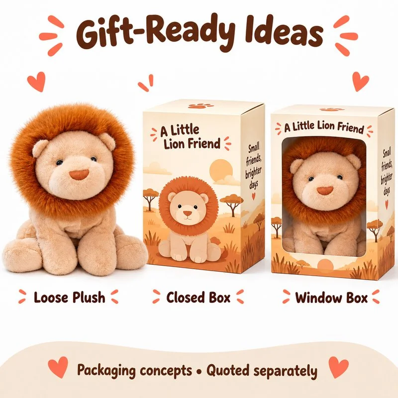 Round Mane Lion Cub Plush — optional packaging concept; final artwork, fit and quotation require confirmation.
