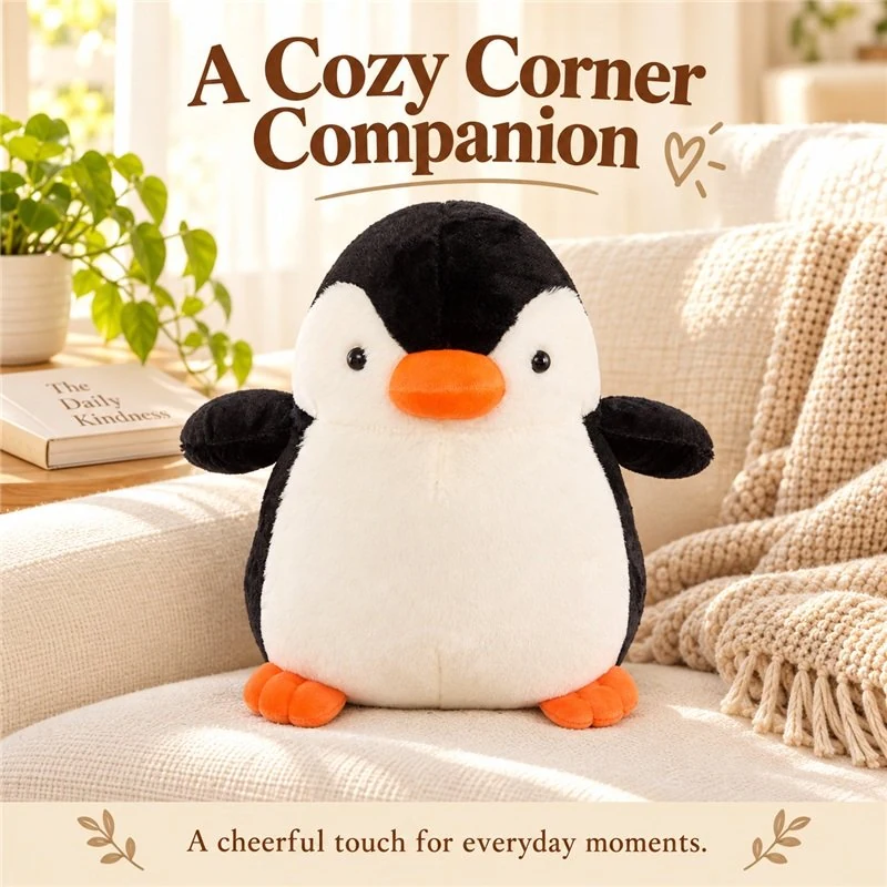 Illustrative application scene featuring round black white penguin plush; setting is a concept.