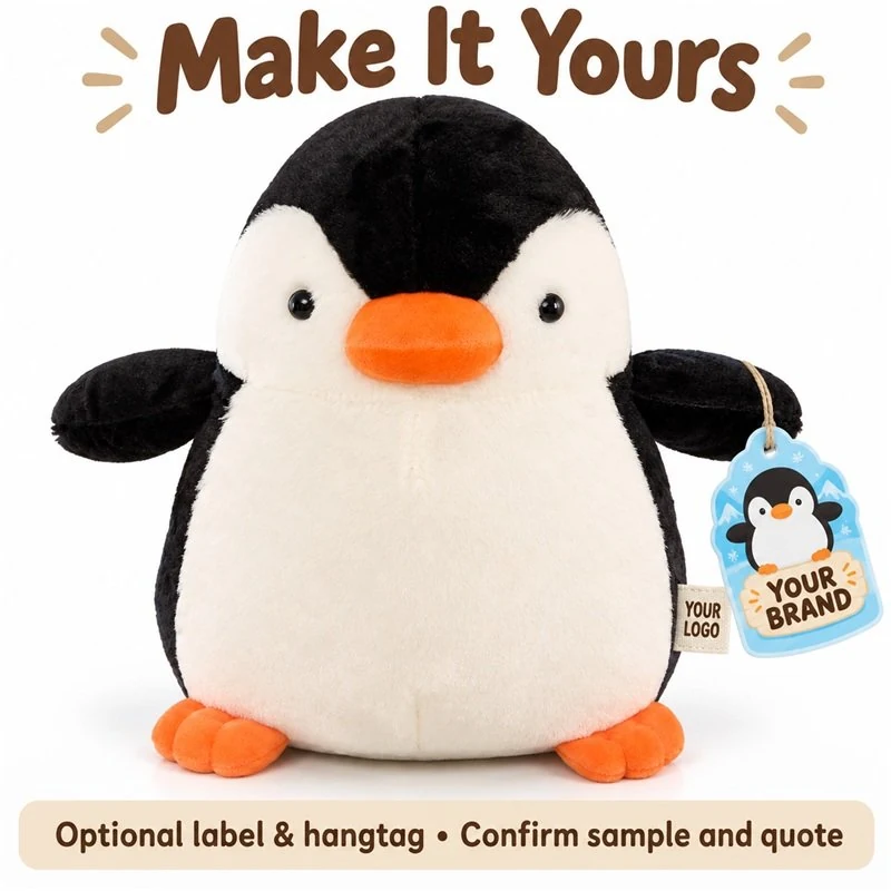 Customization concept for round black white penguin plush; feasibility and sample approval required.