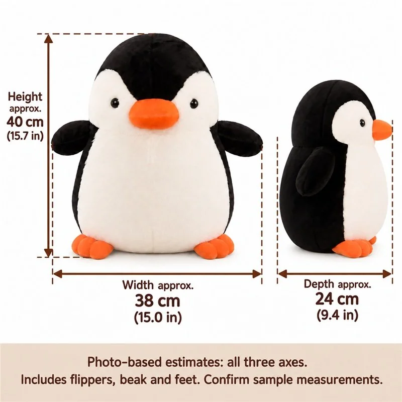 Round Black White Penguin Plush — proposed size reference; dimensions require sample confirmation.