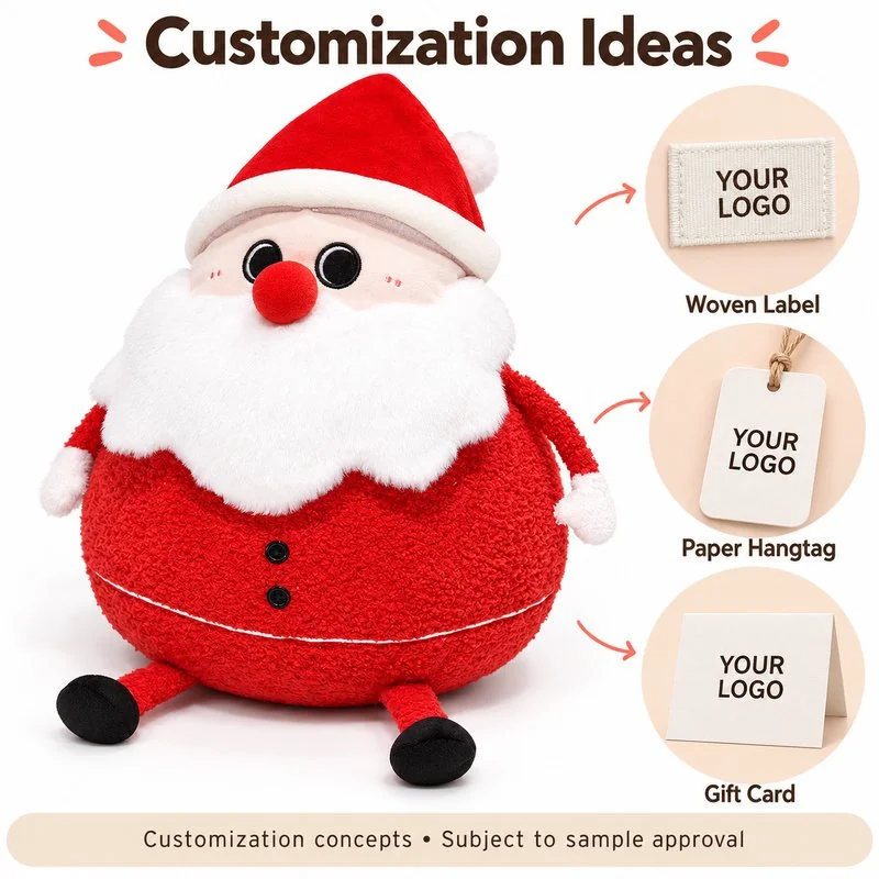 Customization concept for round red santa claus plush; feasibility and sample approval required.