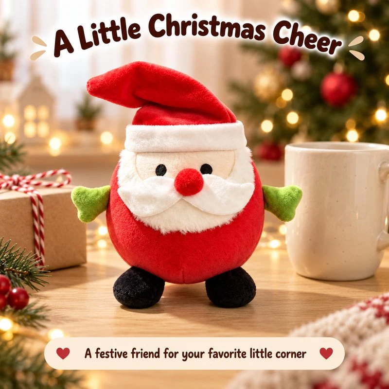 Illustrative application scene featuring round red santa plush; setting is a concept.