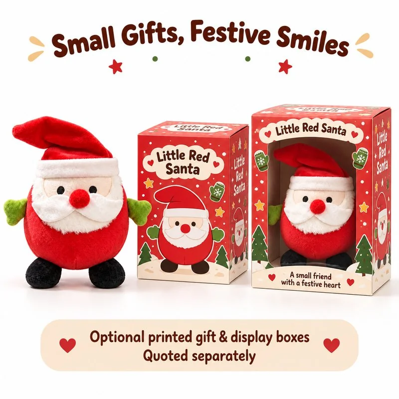 Round Red Santa Plush — optional packaging concept; final artwork, fit and quotation require confirmation.