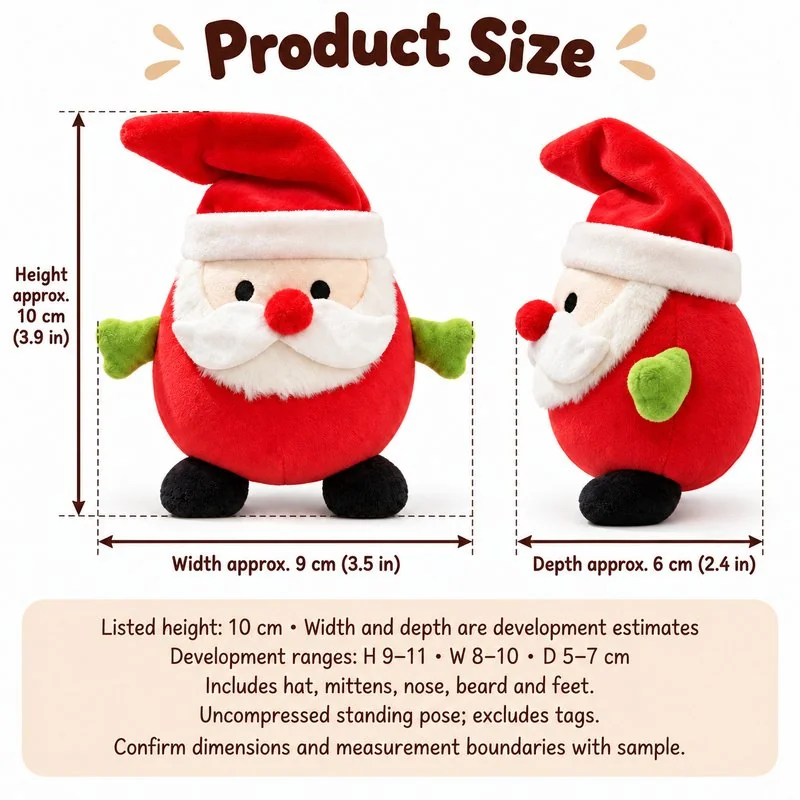 Round Red Santa Plush — proposed size reference; dimensions require sample confirmation.