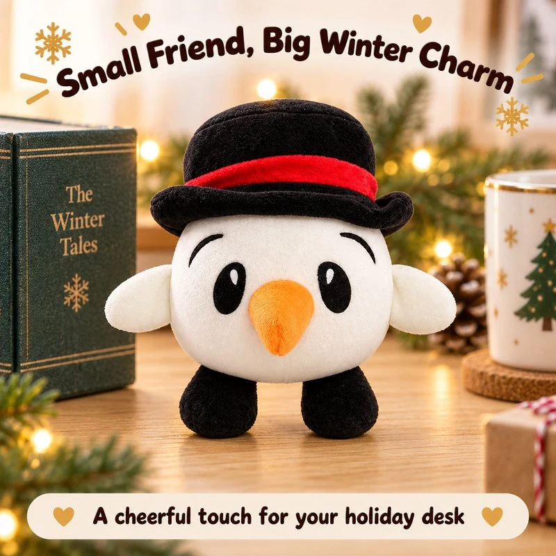 Illustrative application scene featuring round top hat snowman plush; setting is a concept.