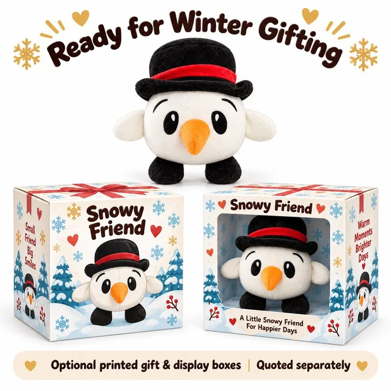 Round Top Hat Snowman Plush — optional packaging concept; final artwork, fit and quotation require confirmation.