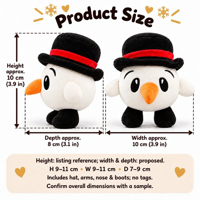 Round Top Hat Snowman Plush — proposed size reference; dimensions require sample confirmation.