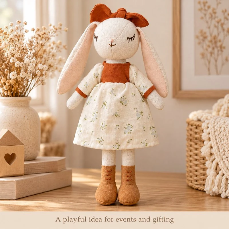 Illustrative application scene featuring rust bow floral rabbit cloth doll; setting is a concept.