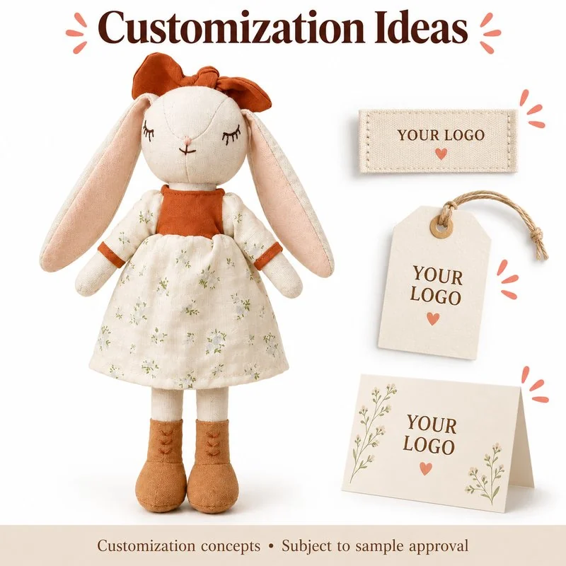Customization concept for rust bow floral rabbit cloth doll; feasibility and sample approval required.