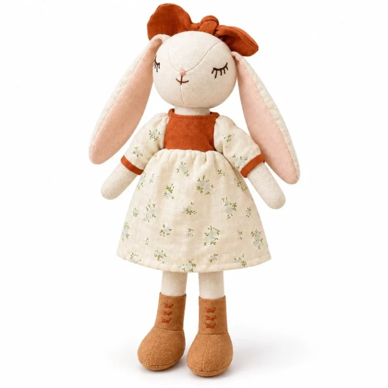 Rust Bow Floral Rabbit Cloth Doll