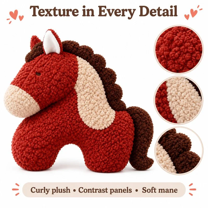 Rust Curly Texture Horse Plush Pillow — construction and surface detail concept.