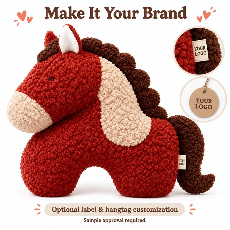 Rust Curly Texture Horse Plush Pillow — optional branding and customization concept; feasibility requires confirmation.