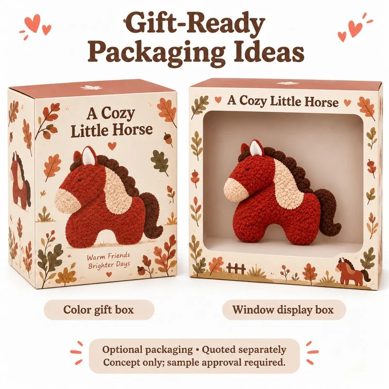 Rust Curly Texture Horse Plush Pillow — optional packaging concept; final artwork, fit and quotation require confirmation.