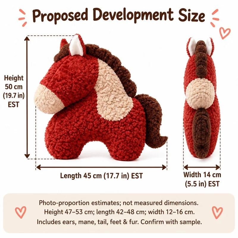Rust Curly Texture Horse Plush Pillow — proposed size reference; dimensions require sample confirmation.