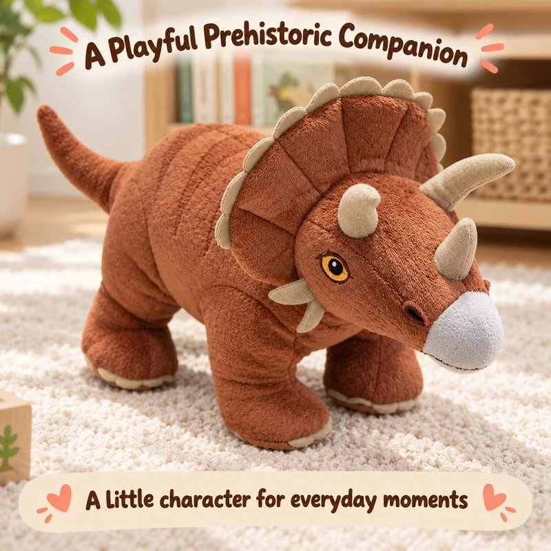 Illustrative application scene featuring rust triceratops plush; setting is a concept.