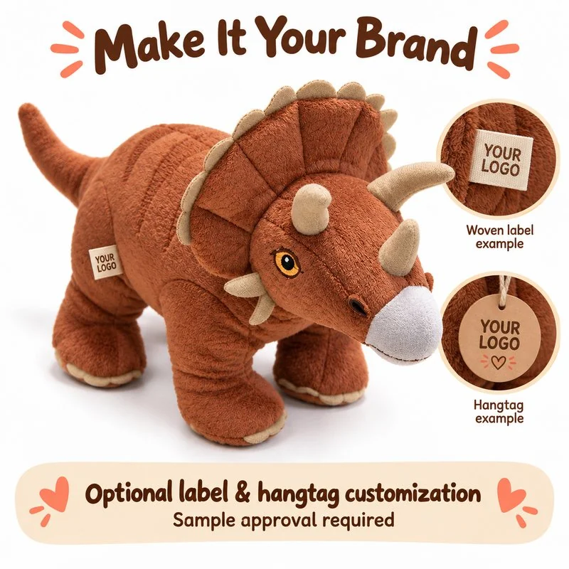 Customization concept for rust triceratops plush; feasibility and sample approval required.