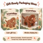 Rust Triceratops Plush — optional packaging concept; final artwork, fit and quotation require confirmation.